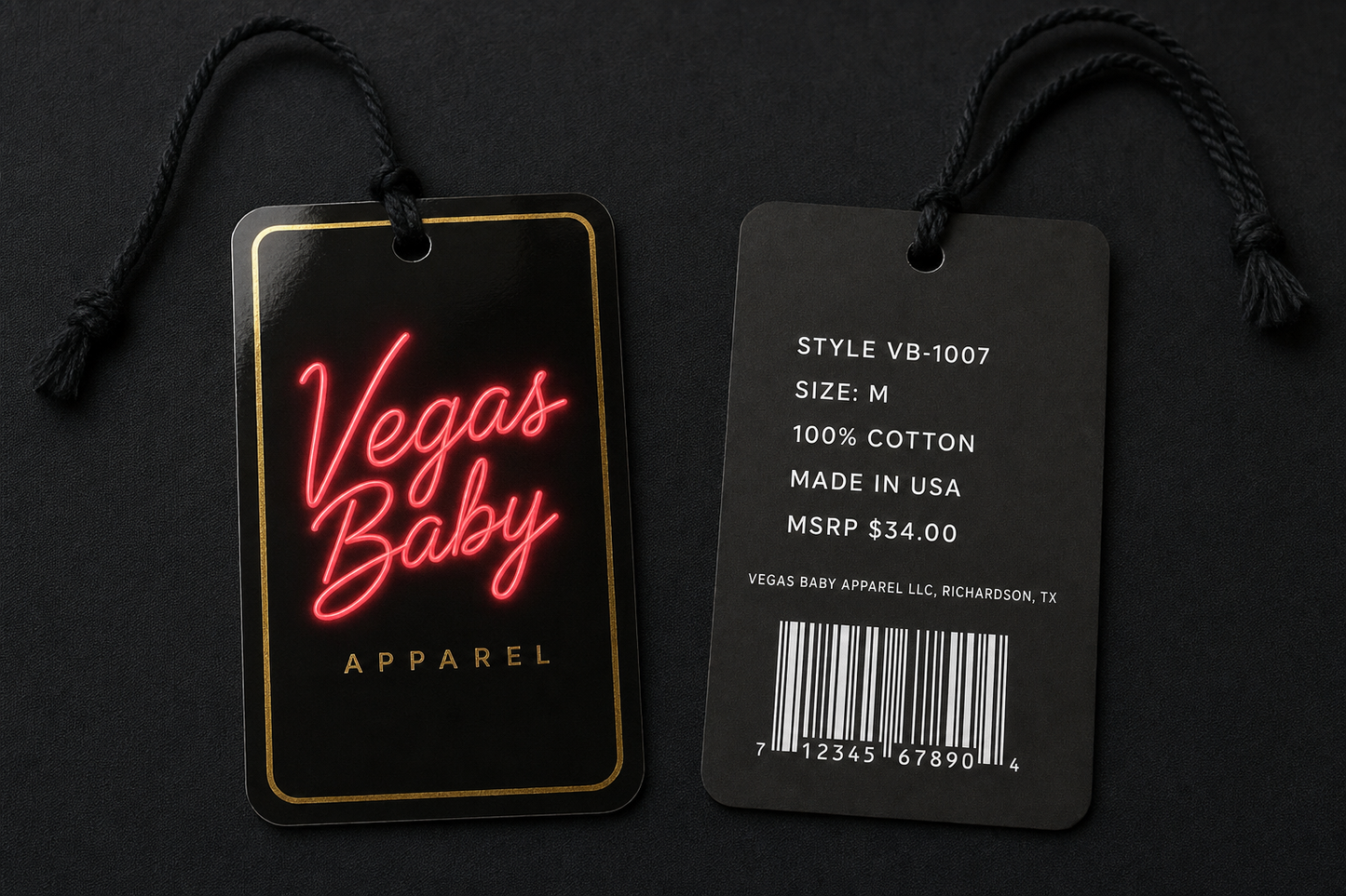 Vegas Baby Apparel hang tag front and back
