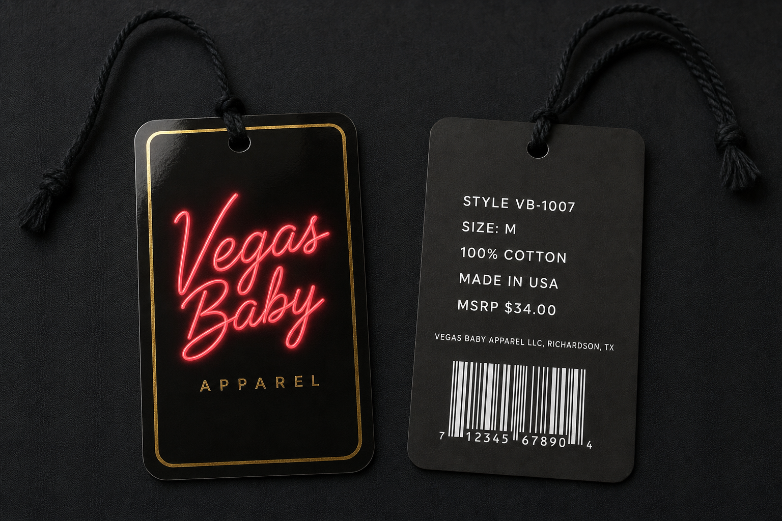 Vegas Baby Apparel hang tag front and back