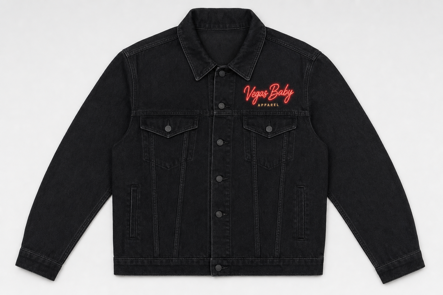 Vegas Baby Denim Jacket - Black with neon logo
